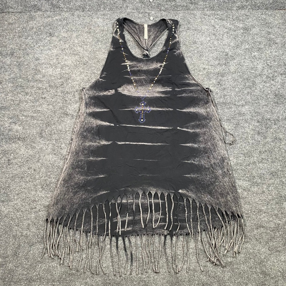 American Age Womens XL Acid Wash Rhinestone Cross Fringe‎ Racerback Tank Top